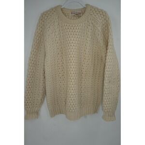 Donegal Knitwear Sweater Mens 44 Cream 100% Wool Aran Fisherman Cable Crew Irish
